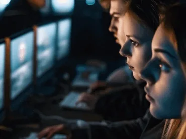 Operadores acompanhando imagens de câmeras em monitores